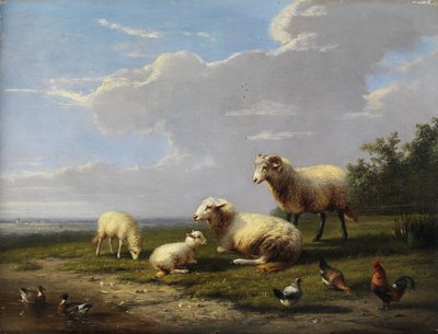 Wide Spring Landscape with Sheep, Chickens, and Ducks by Franz van Severdonck